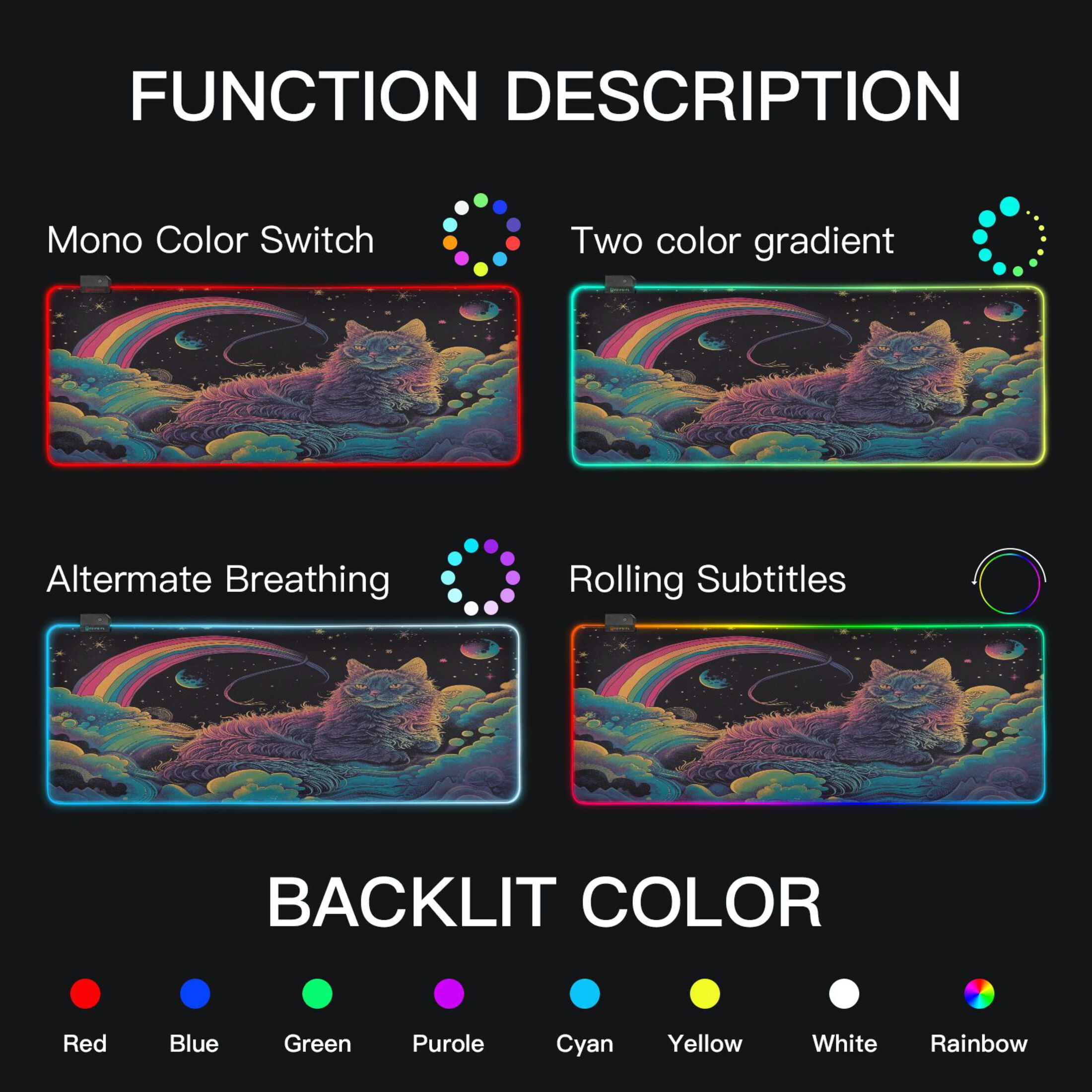Large RGB Gaming Mouse Pad Led Glowing Mousepad Non-Slip Rubber Base 13 Light Modes 31.5x11.8 Cat Space Rainbow Planet