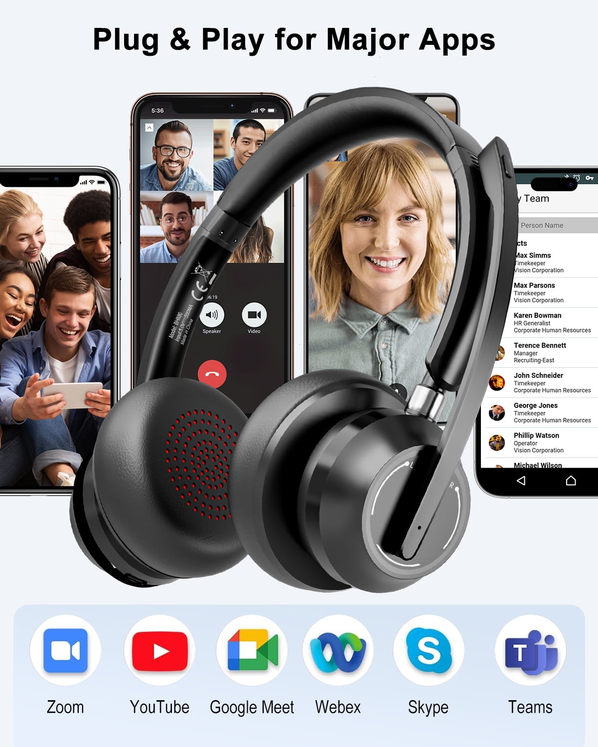 SUNITEC Wireless Bluetooth Headset with Microphone and USB Dongle, Noise Cancelling Mic, Compatible with PC, Laptop and Phone
