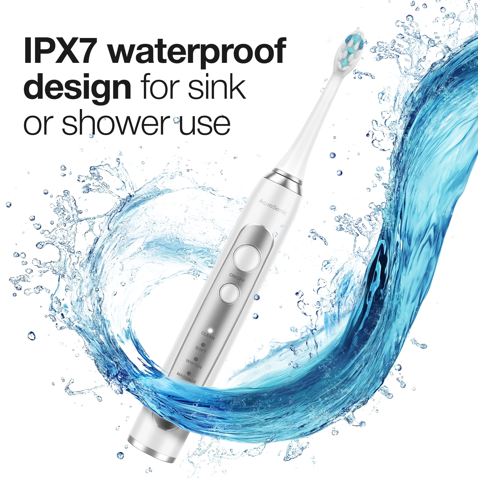 AquaSonic Precision Rechargeable Electric Toothbrush, 5 Modes, 30-Day Battery, Travel Case + 4 ProFlex Brush Heads - White