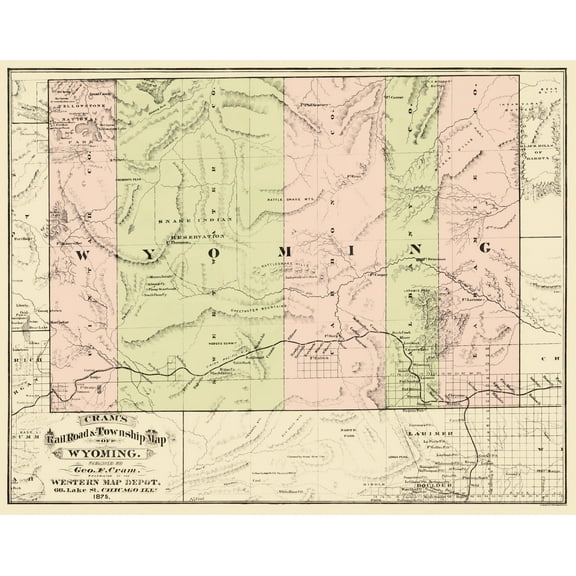 Railroad Map - Wyoming Railroads Townships - Cram 1875 - 29.06 x 23 - Vintage Wall Art