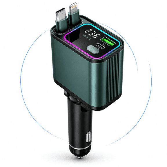 ABSOKE Retractable Car Charger, 4 in 1 65W Fast Charging, USB-C & USB-A, Dual Retractable Cables, Voltage Display for Smartphones, Tablets & GPS