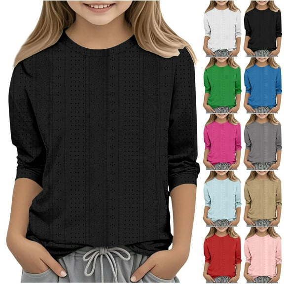 JTSRKL Girls 3/4 Sleeve Tops Cute Summer Lace Crochet Eyelet Casual Solid Color T-Shirts Trendy Preppy Youth Clothes Teen Girl Crewneck Tunic Blouse Black 3-4 Years