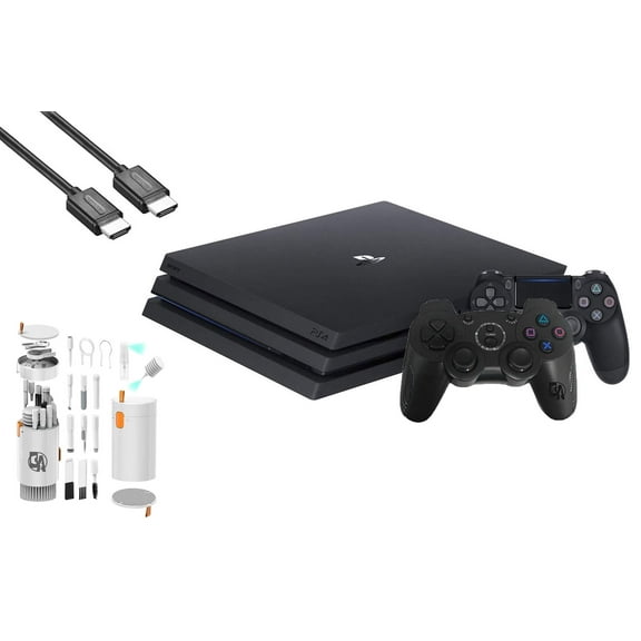 Sony PlayStation 4 Pro 1TB Gaming Console Black HDMI Cable 2 Controller With BOLT AXTION Cleaning Kit Bundle Like New
