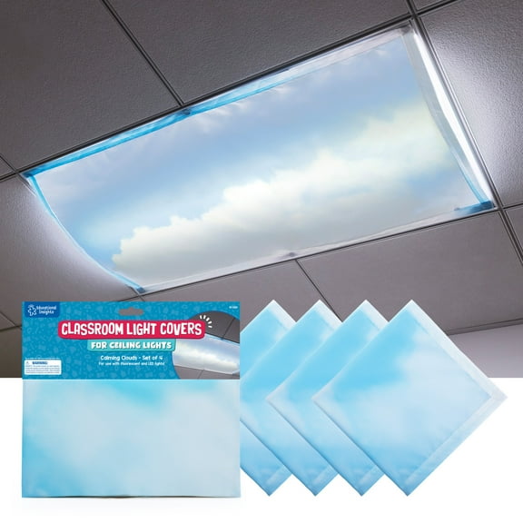 Educational Insights Fluorescent Light Covers 4-Pack Calming Clouds, Light Filters for Classroom, Lighting Accessories