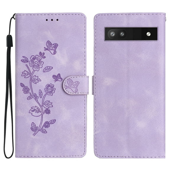 SaniMore Wallet Case for Google Pixel 7A 6.1" 2023, PU Leather Embossed Flower Shockproof [Card Slots   Cash Pocket   Removeable Wrist Strap] Kickstand Full Protective Business Shell, Purple