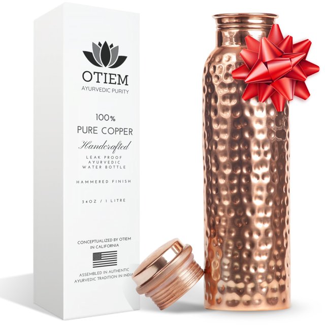 Botella de agua Otiem Pure Copper, 1 litro/34 oz, hecha a mano, ayurvédica