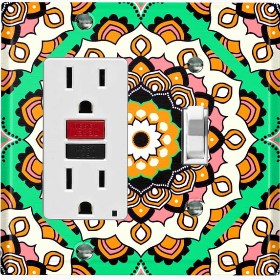 Metal Light Switch Plate Cover Orange Green Mandala Flower Tile Pattern MDL119