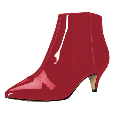 XYD Women Low Kitten Heel Ankle Boots Pointed Closed Toe Side Zipper Prom Date Chic Short Bootie Shoes Size 4 Red