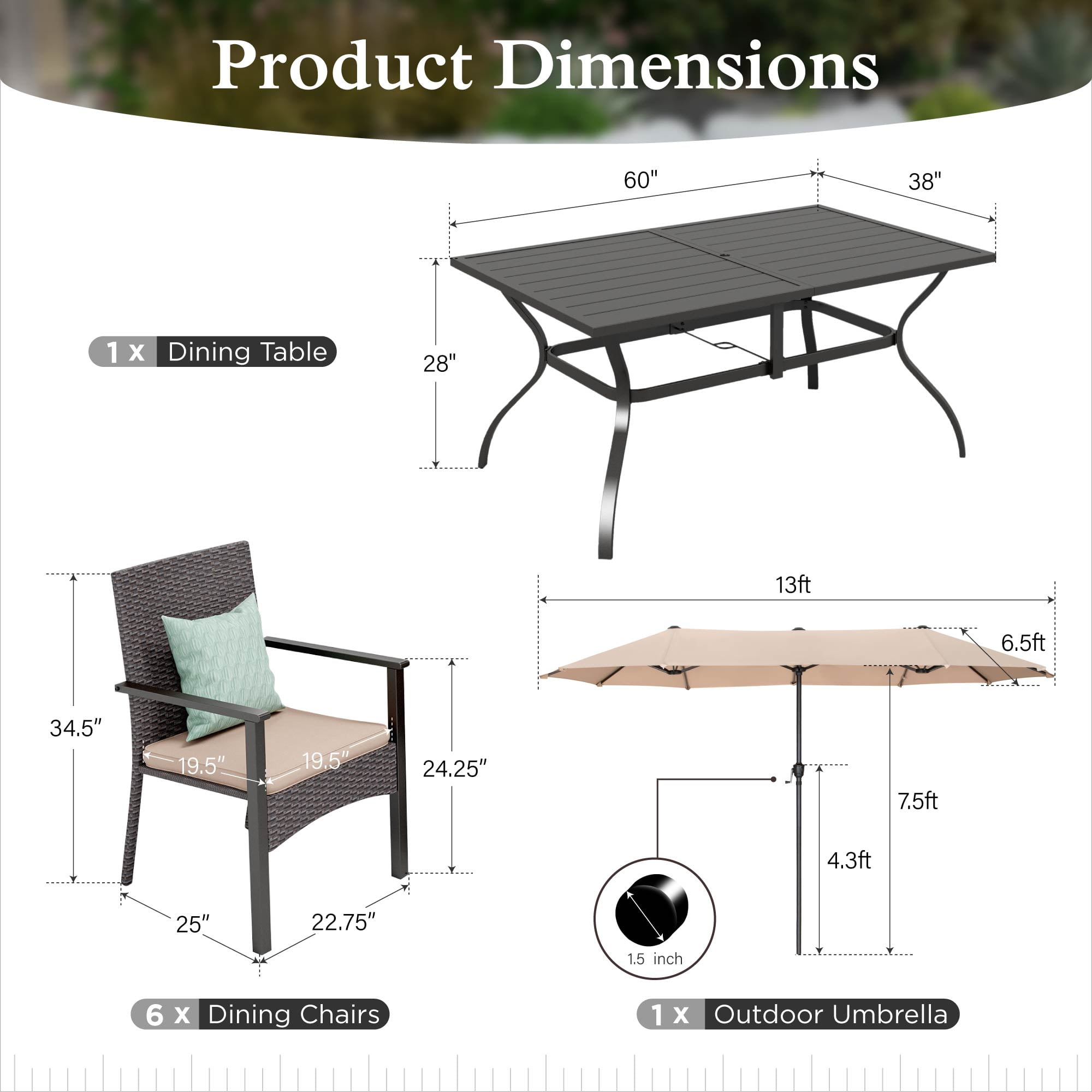 Alpha Joy 8-Piece Outdoor Patio Dining Set with 13 ft Umbrella (No Base), Rattan Chairs & Rectangle Table Set for 6, Beige Umbrella