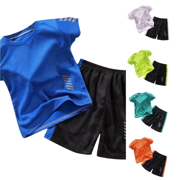 AWZXDE Boys Outfits Set Kids Sports Shorts Quick Drying Tracksuit 2 Piece Basketball Performance Tank Top Mesh Blue,6-7 Years