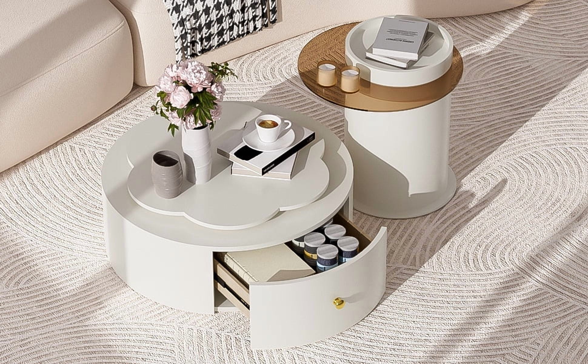 Euroco Rotating Flower-Shaped Coffee Table Set with Glass Side Table & Storage Drawers