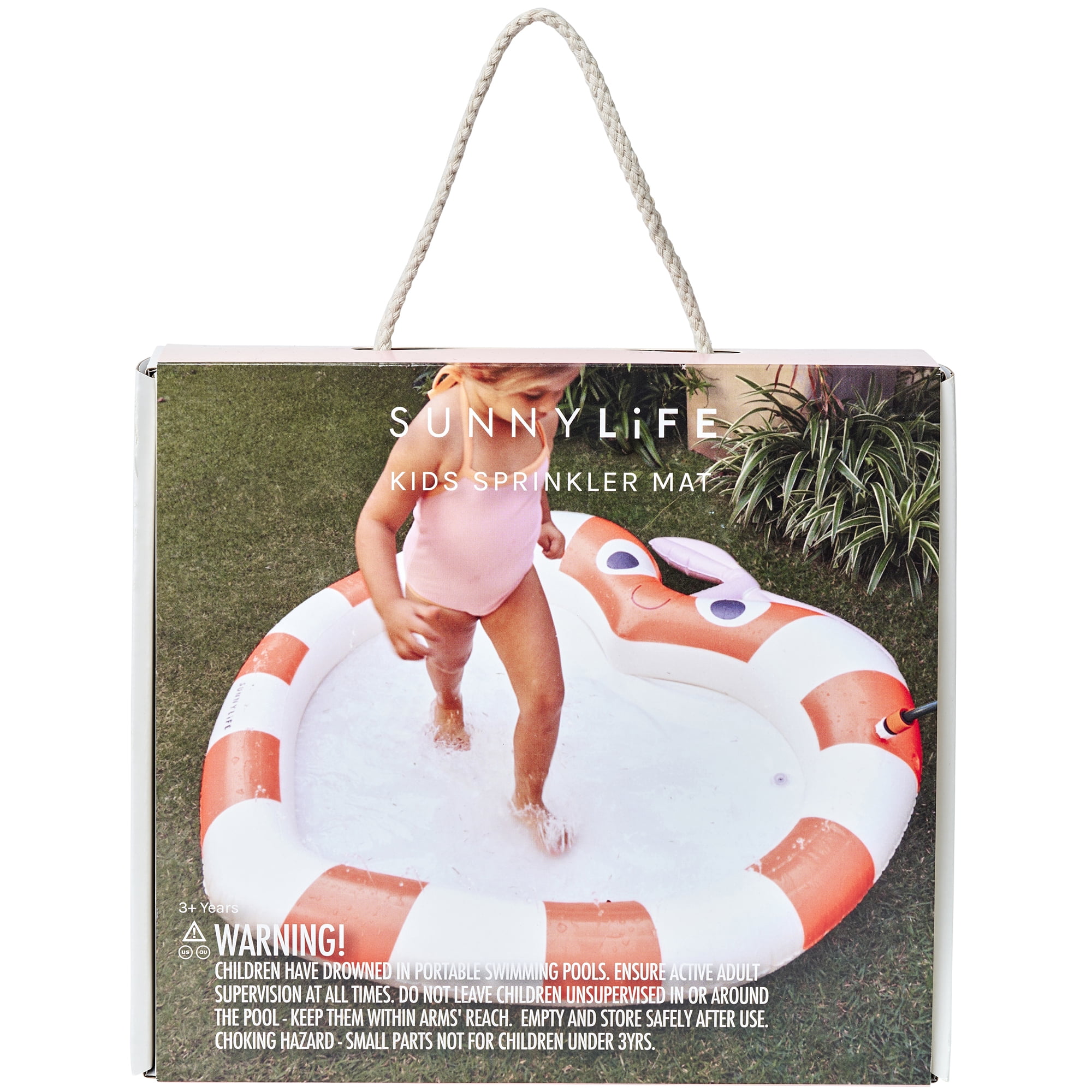 Sunnylife: Kids Sprinkler Mat - Poppy the Peach - Red-White Striped Fruit Character, 59" Inflatable Water Sprayer Wade Pool, Outdoor Play Splash Center