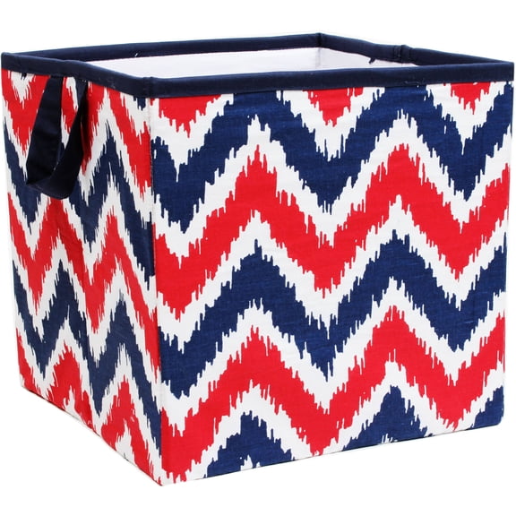 Bacati - MixNMatch Navy/Red Zigzag Cotton Percale Fabric covered Storage Small Box, 10 L x 10 W x 10 H inches
