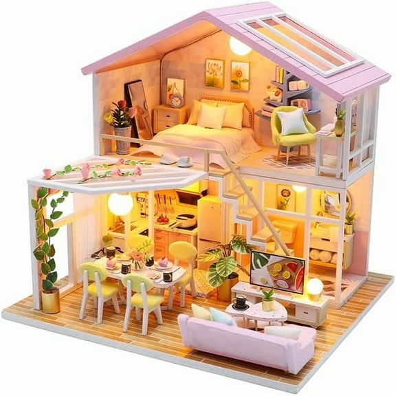 DIY Miniature House Kit, Mini House Building Kit with LED & Furniture, DIY Wooden Dollhouse Miniature Kit for Adults Teen, Wooden Crafts Lovely Dollhouse Kit, Sweet Time