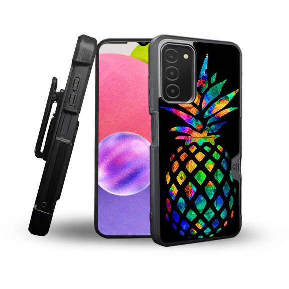 ANJ  Rugged Shockproof Holster Case Card Slot Kickstand   Tempered Glass Cover for Samsung Galaxy A03s - Abstract Pineapple