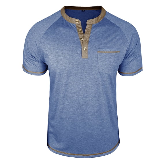 HAiming Mens Short Sleeve T-Shirt Color Block Striped Casual Button Crew Neck Pullover Tops with Pocket
