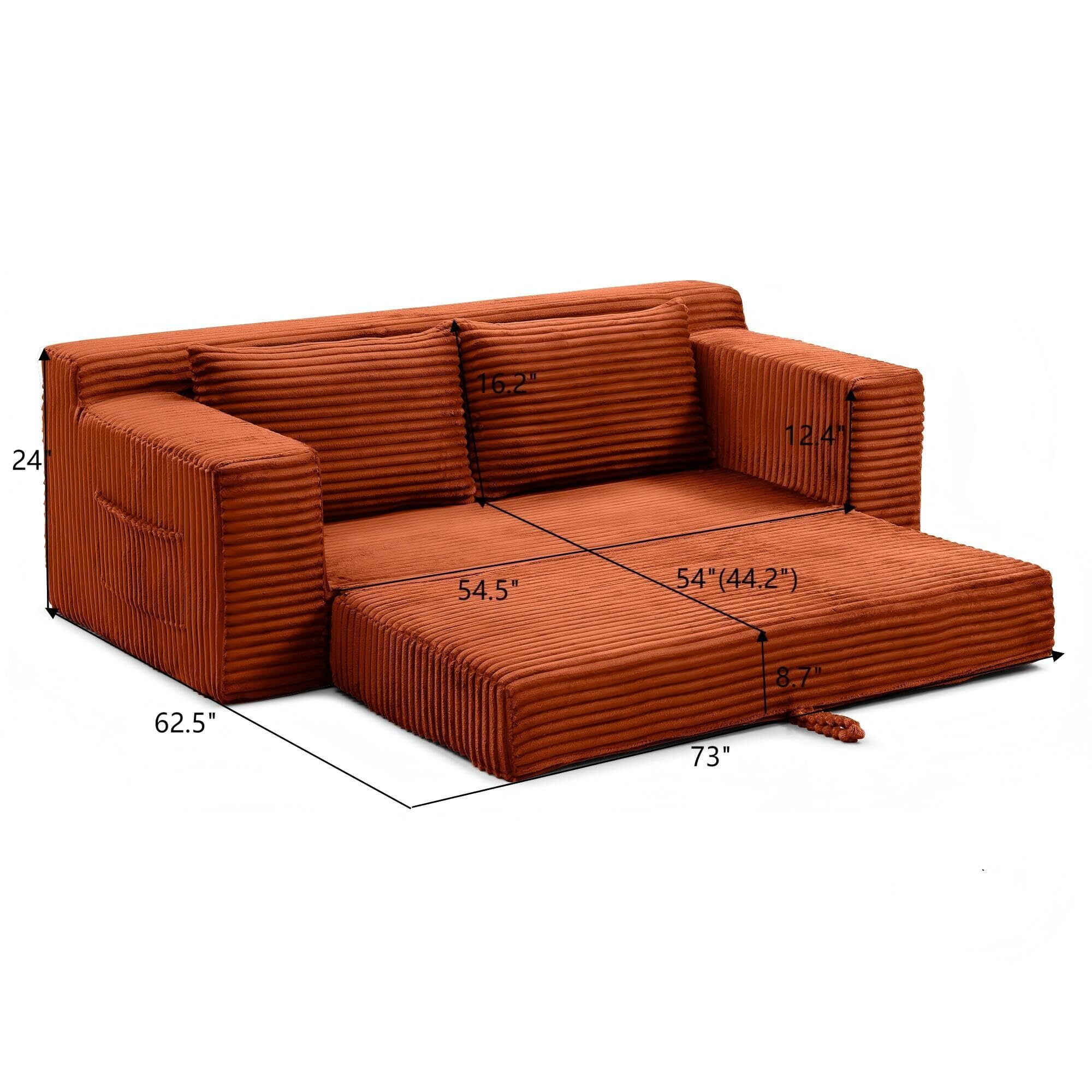 Howcool 73" Convertible Sofa Bed, Foldable Floor Couch, Boneless Foam Sleeper Sofa with Pull-Out Design, Corduroy Lazy Couch, No Assembly, Space Saving for Apartment Dorm Living Room, Orange