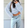thumbnail image 6 of Women'S Oversized Crewneck Sweater Puff Long Sleeve Cable Slouchy Pullover Jumper Tops Blue L, 6 of 7