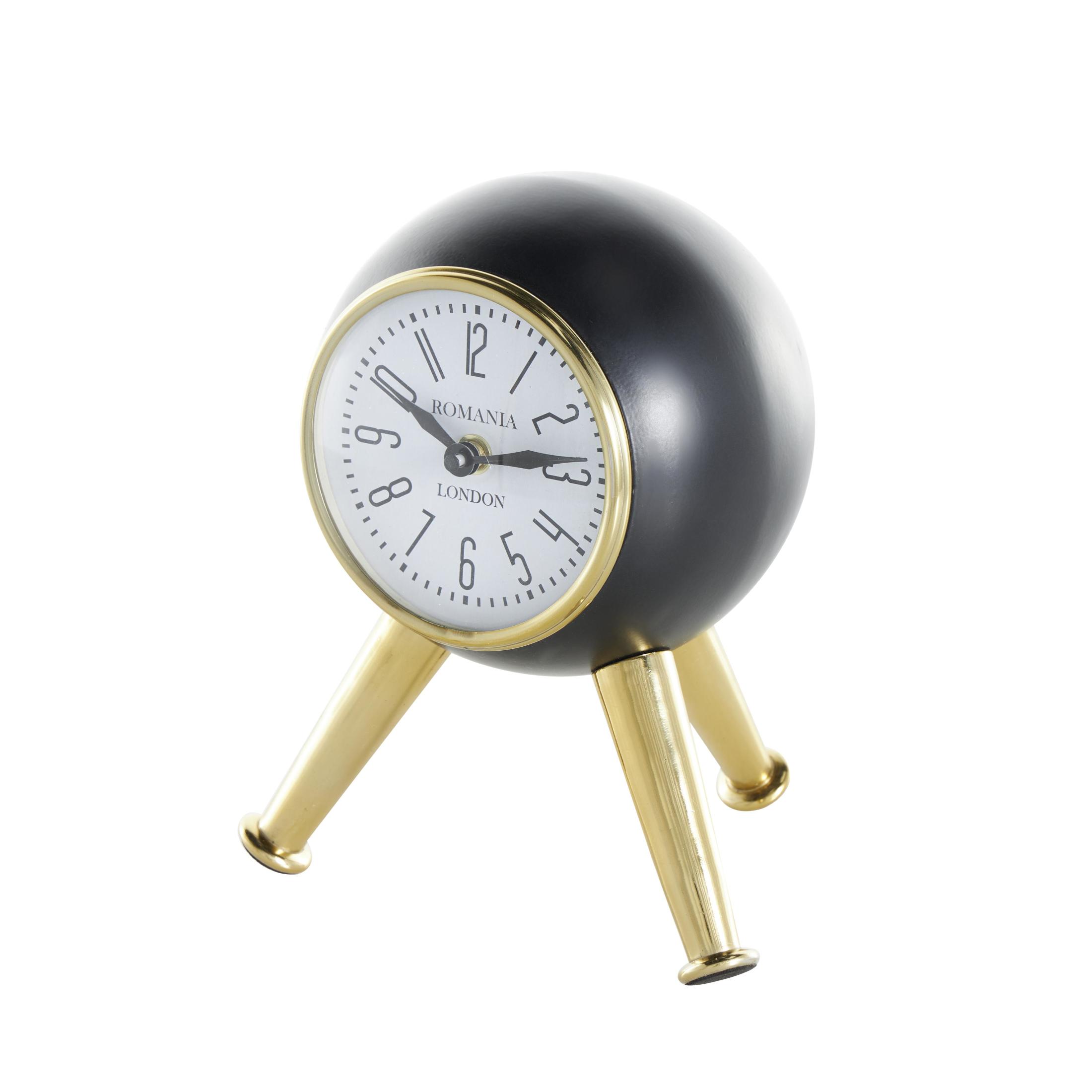 DecMode 9" Black Aluminum Metal Orb Clock with White Clockface and Gold Tripod Legs