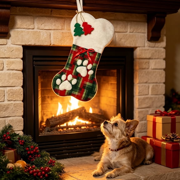 Pet Christmas Stocking Bone Shaped Paw Print Hanging Sock for Dog Holiday Gift Storage