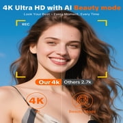 W&O Q5 4K Digital Camera, 180° Flip Screen Point and Shoot Camera with Ring Light, SD Card, Orange