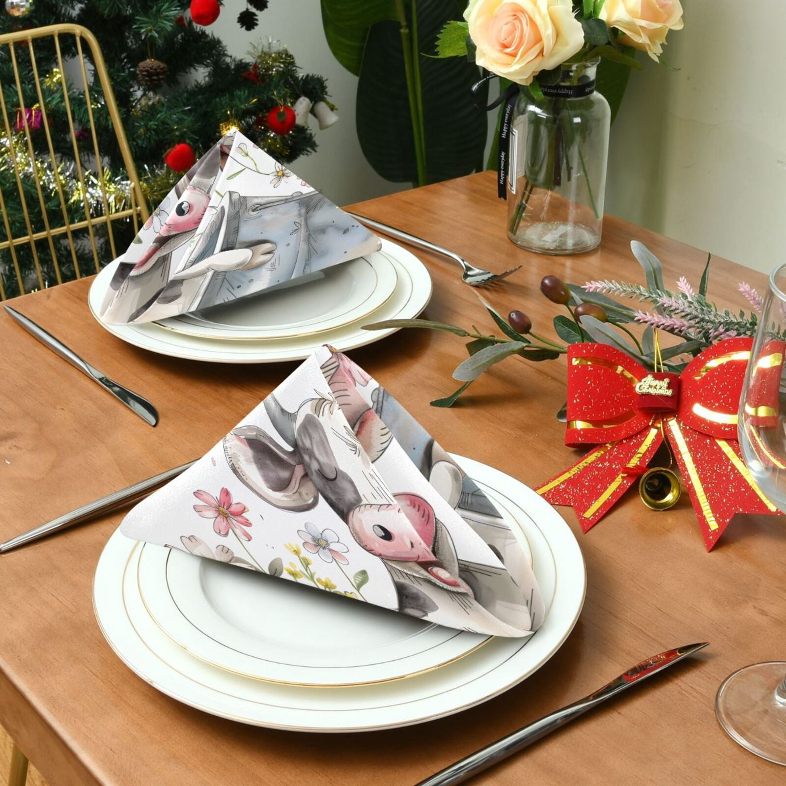 JSTEL Cute Baby Cow Daisy Cloth Napkins Set of 6, 20x20 Inch Washable and Reusable Napkin for Decoupage Dinner Party Everyday Use