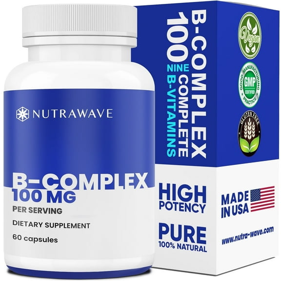 Nutra Wave B-Complex High Potency B Vitamins for Energy & Stress Support – B1- B12 – 60 Vegan Capsules