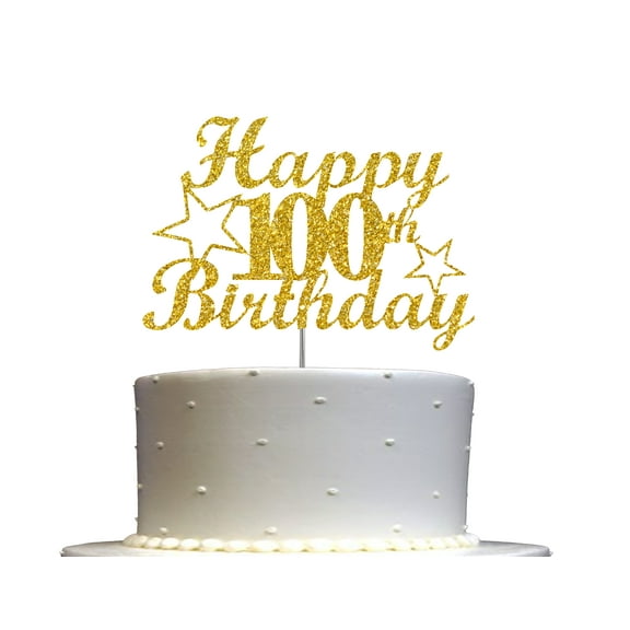 100 Birthday Cake Topper Gold Glitter, 100th Party Decoration Ideas, Sturdy Doubled Sided Glitter, Acrylic Stick. Made in USA