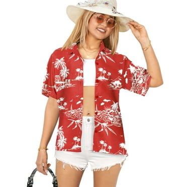 HAPPY BAY Women's Button Down Blouses Casual Summer Beach Party Blouses Shirt Hawaiian T-Shirt Blouse Short Sleeve Button up Dress Tee Shirts for Women L Holiday Island, Red