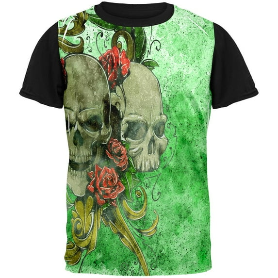 St. Patricks Day Deadly Wild Irish Rose Skull Tattoo All Over Mens Black Back T Shirt Multi SM