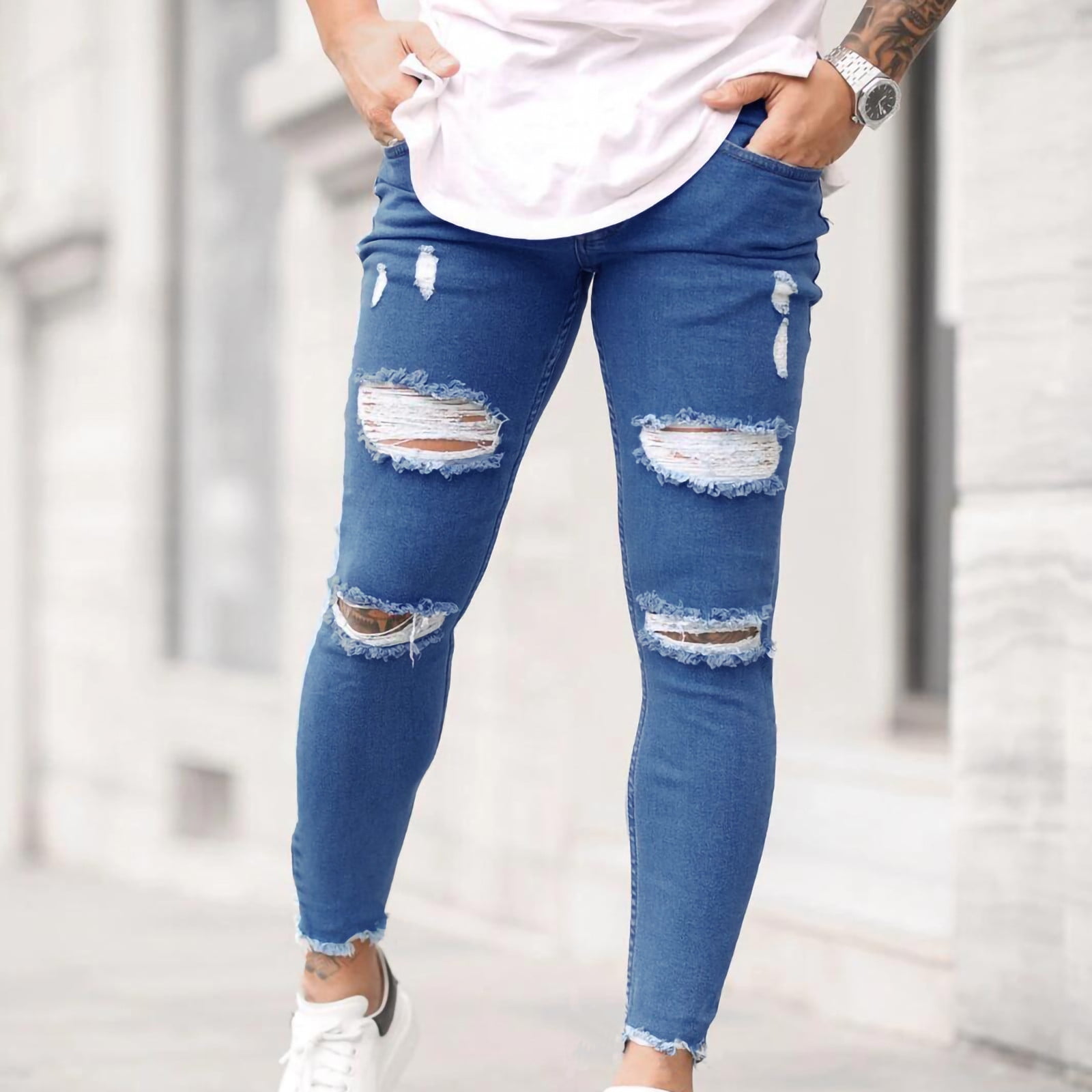 Mens Mid Ripped Denim Frayed Hem Casual 