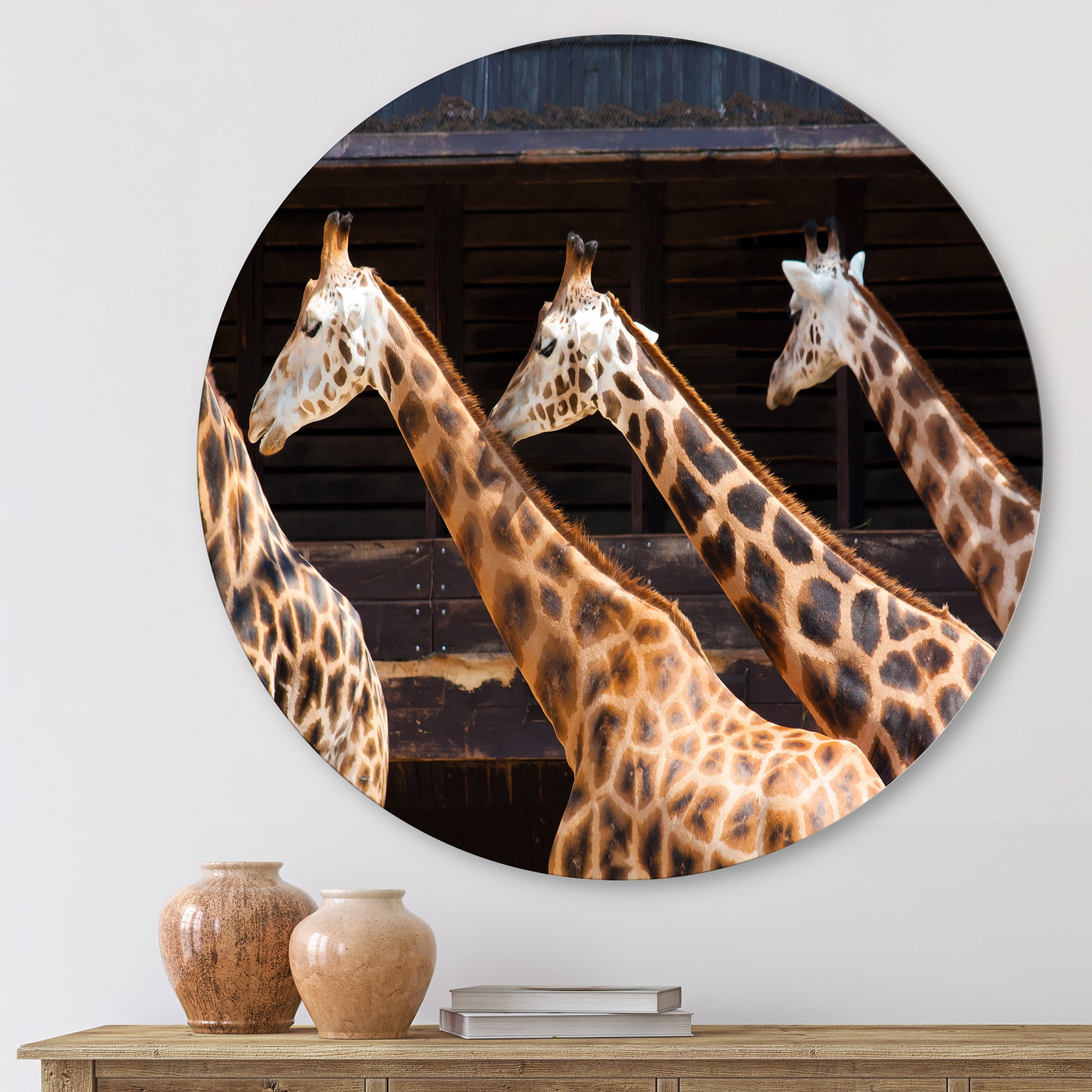 Designart 'Portrait Of Three Giraffes Running' Farmhouse Circle Metal Wall Art 23x23 - Disc of 23