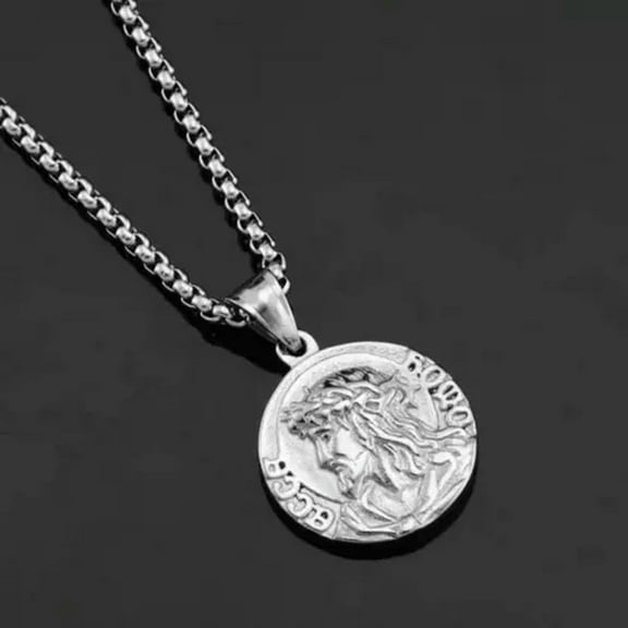 GKNET Men Women Stainless Steel Jesus Coin Charm Pendant Necklace Religious Jewelry-Silver