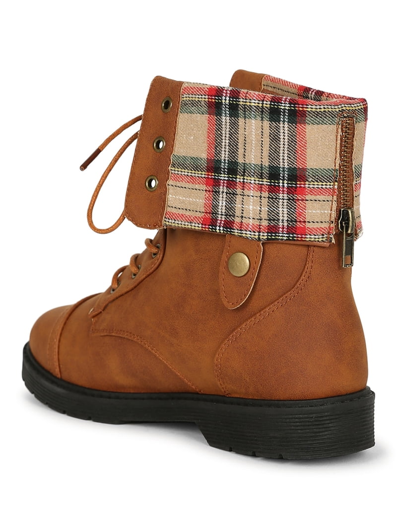 Women Leatherette Ankle Plaid Fold Over Cuff Stack Heel  display picture 3