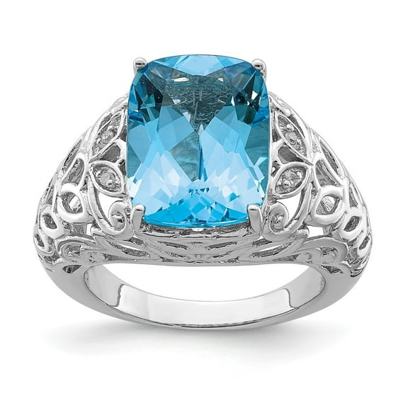 Auriga Fine Jewelry 925 Sterling Silver Rhodium Swiss Blue Topaz & Diamond Ring for Women Size 7