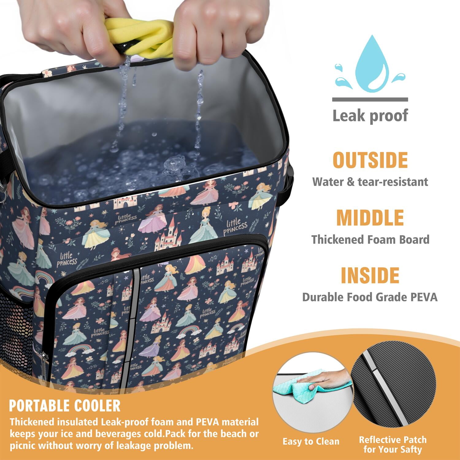 Travel Cooler Bag - Dark Blue Little Princess Pattern Camping Beer Cooler Backpack with Bottle Opener- Waterproof Insulated Picnic Backpacks - Cooler Bag for Beach