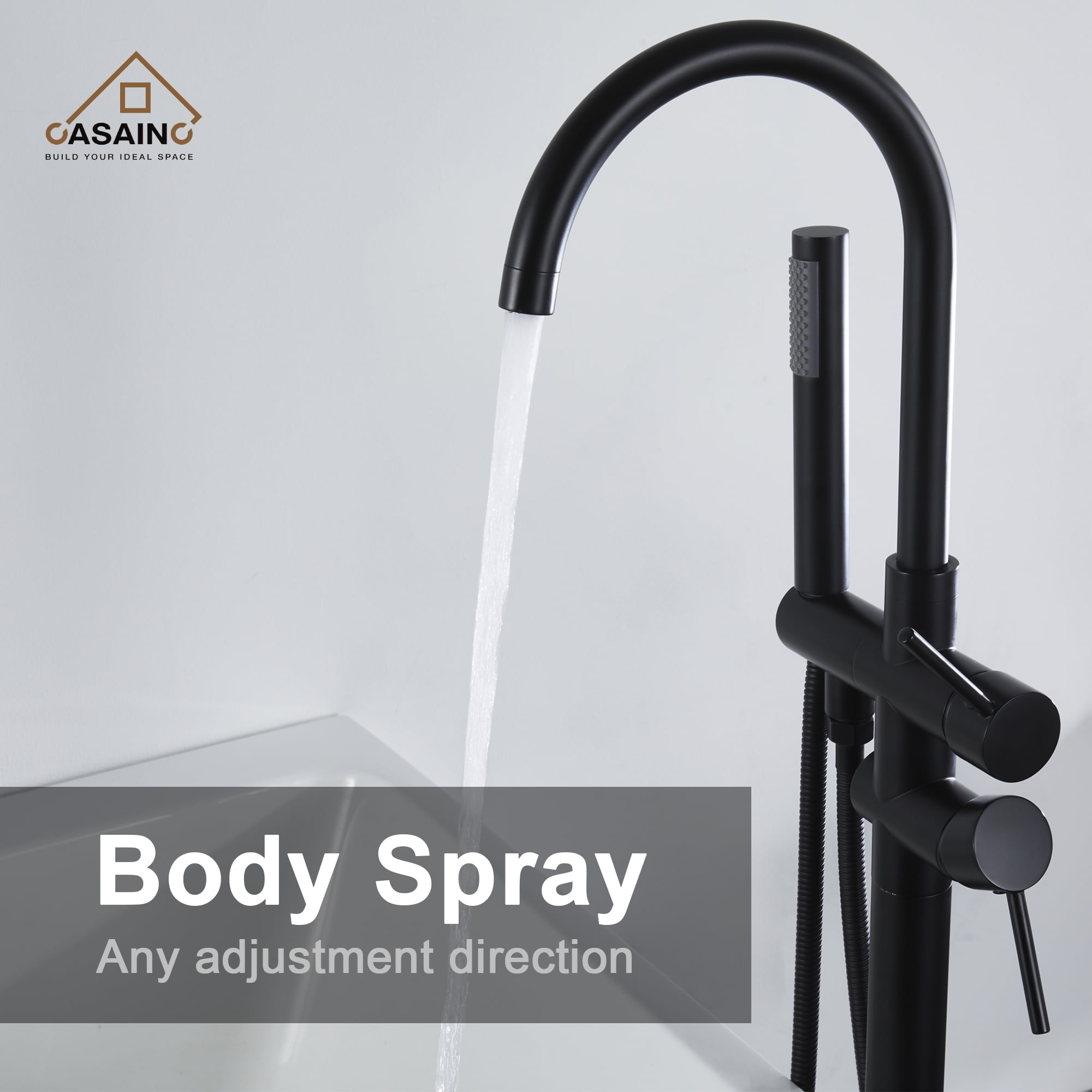 CASAINC 2-Handle Residentail Freestanding Bathtub Faucet with Hand Shower, Matte Black
