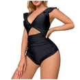 thumbnail image 3 of Jacenvly One Piece Swimsuits for Women Modest Clearance Fashion Short Sleeve Solid V-Neck Surfing Swimwear Satiny New Color Hollowed Out One-Piece High Waist Lace-Up Bikini Swimsuit Female Black, 3 of 5