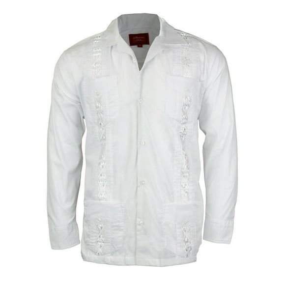 Men's Long Sleeve Guayabera Cuban Beach Wedding Button-Up Casual Dress Shirt, White, L