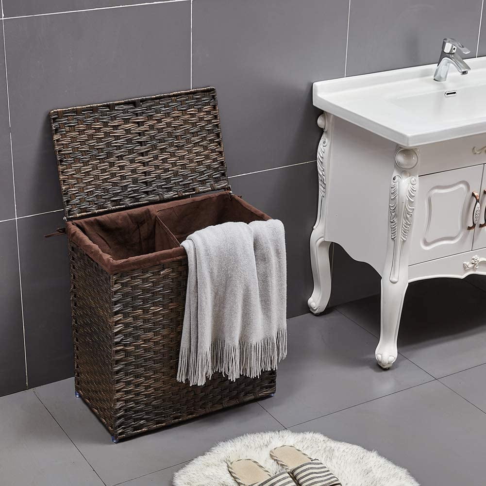 Private Jungle Divided Laundry Hamper,Synthetic Rattan Handwoven Clothes Laundry Basket with Lid and Handles,Foldable,Removable Liner Bag,Brown Private Jungle Divided Laundry Hamper,Synthetic Rattan Handwoven Clothes Laundry Basket with Lid and Handles,Foldable,Removable Liner Bag,Brown