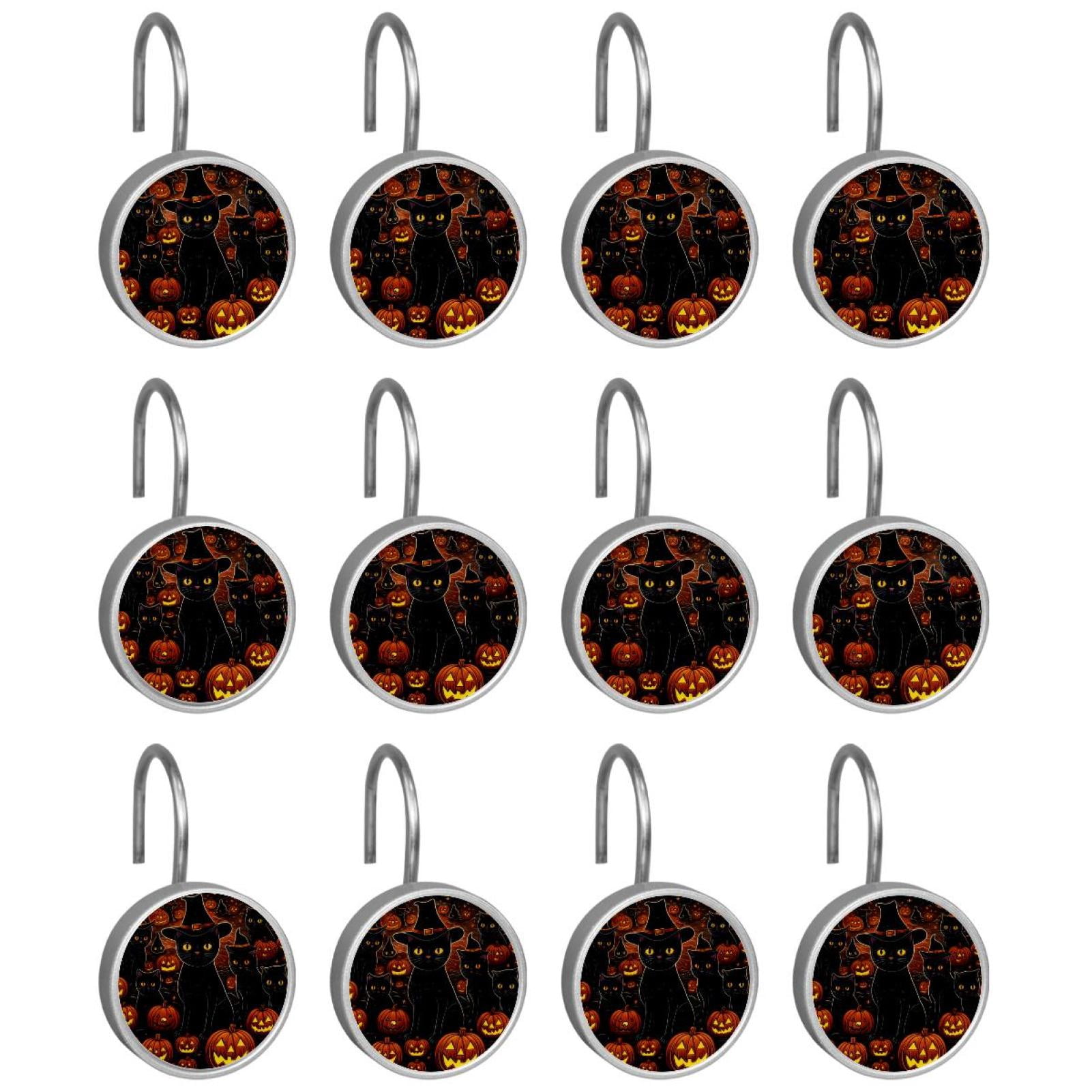 12pcs Decorative Shower Curtain Hooks, Rust Resistant Shower Rings for Bathroom Living Room,Rustproof Stainless Steel Rings for Shower Curtain and Liner Rods,Halloween Cat R