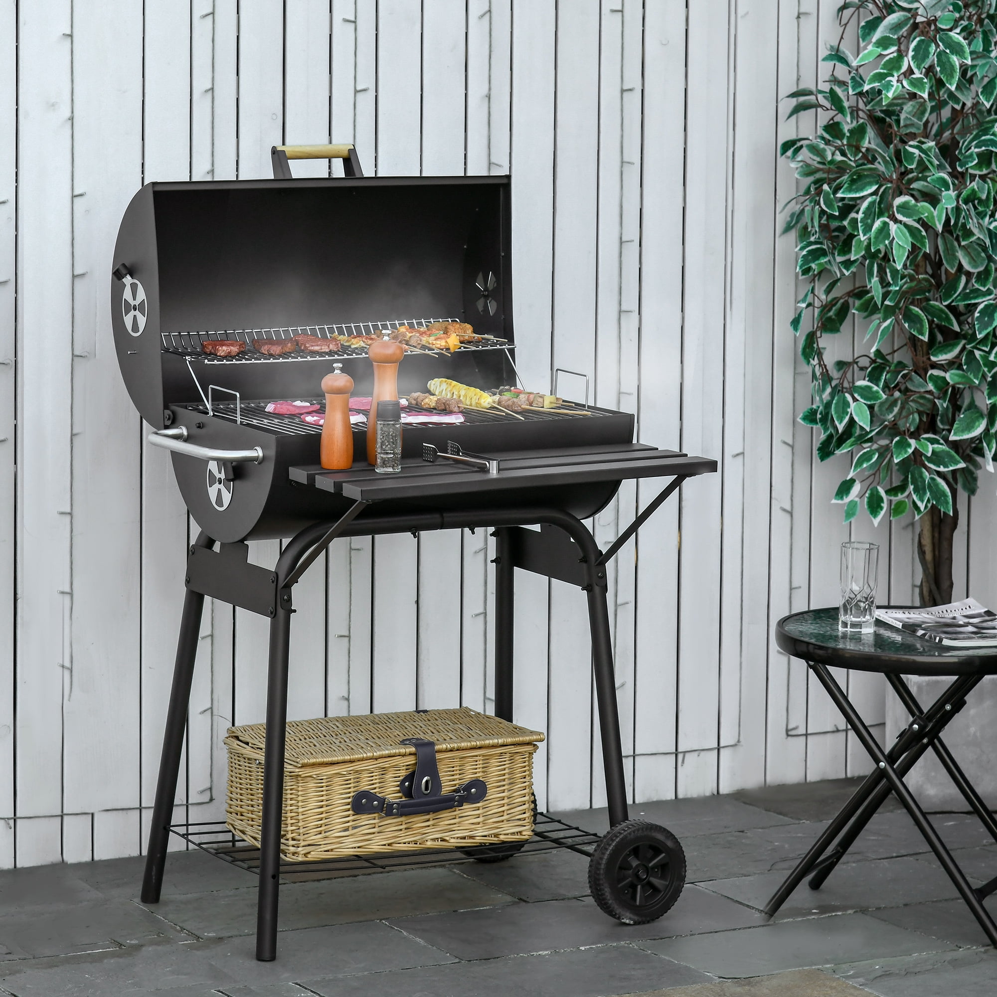 30" Portable Barrel Charcoal BBQ Grill & Smoker, Steel Outdoor Barbecue with Storage Shelf & Wheels for Garden, Camping, Picnic