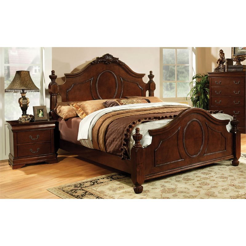 Foa Lauryn 2pc Brown Cherry Solid Wood, Ornate Queen Bedroom Sets