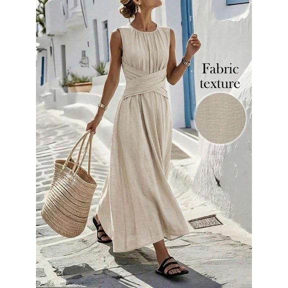 Womens Beige Casual Sleeveless Maxi Dress, V-Neck Cross-Cross Design