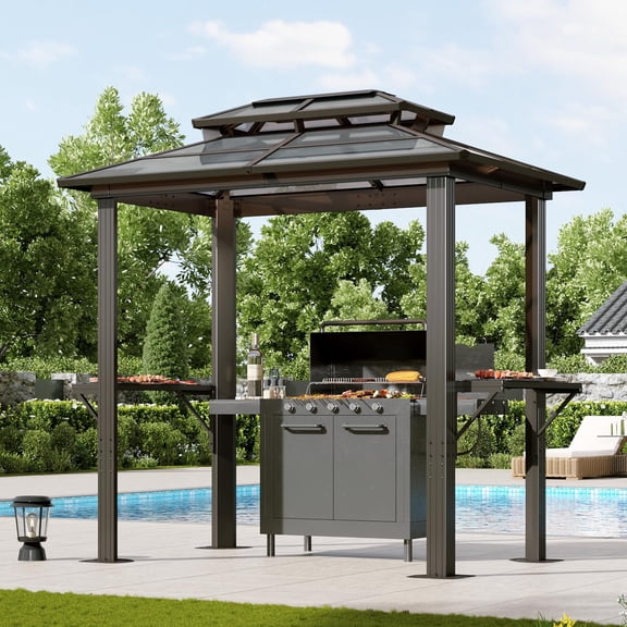 Dateyes 8'x 5'Grill Gazebo, Hardtop Gazebo for Outdoor BBQ, Polycarbonate Double Roof Canopy with Shelves for Patio Backyard