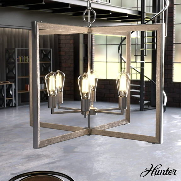 Hunter - Woodburn 6-light Brushed Nickel, Extra Large Pendant Light, Dimmable, Modern Style, Rectangle Shaped, for Bedrooms, Dining, Living Rooms - 19809