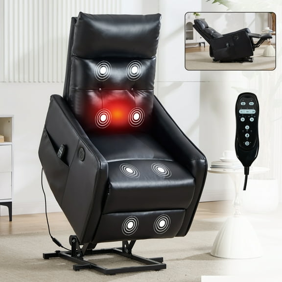 Black PU Single Motor Power Lift Recliner Chair with Massage and Heat for Elderly, Heavy Duty Motion Mechanism and One USB for Charging, Max Reclining Angle 155 °