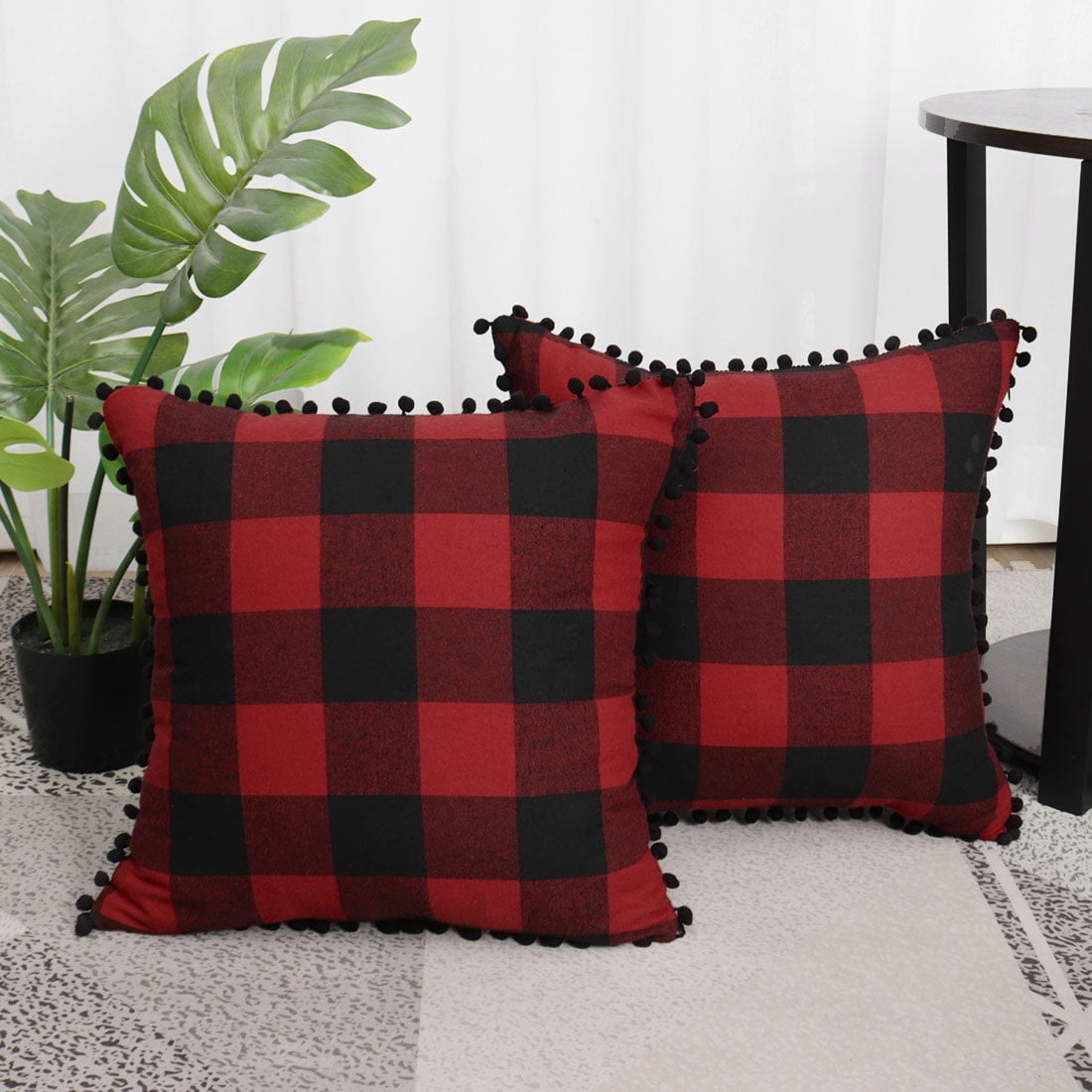 Unique Bargains 2-Pack Retro Pom Decorative Throw Pillow Covers 18" x 18" Red and Black