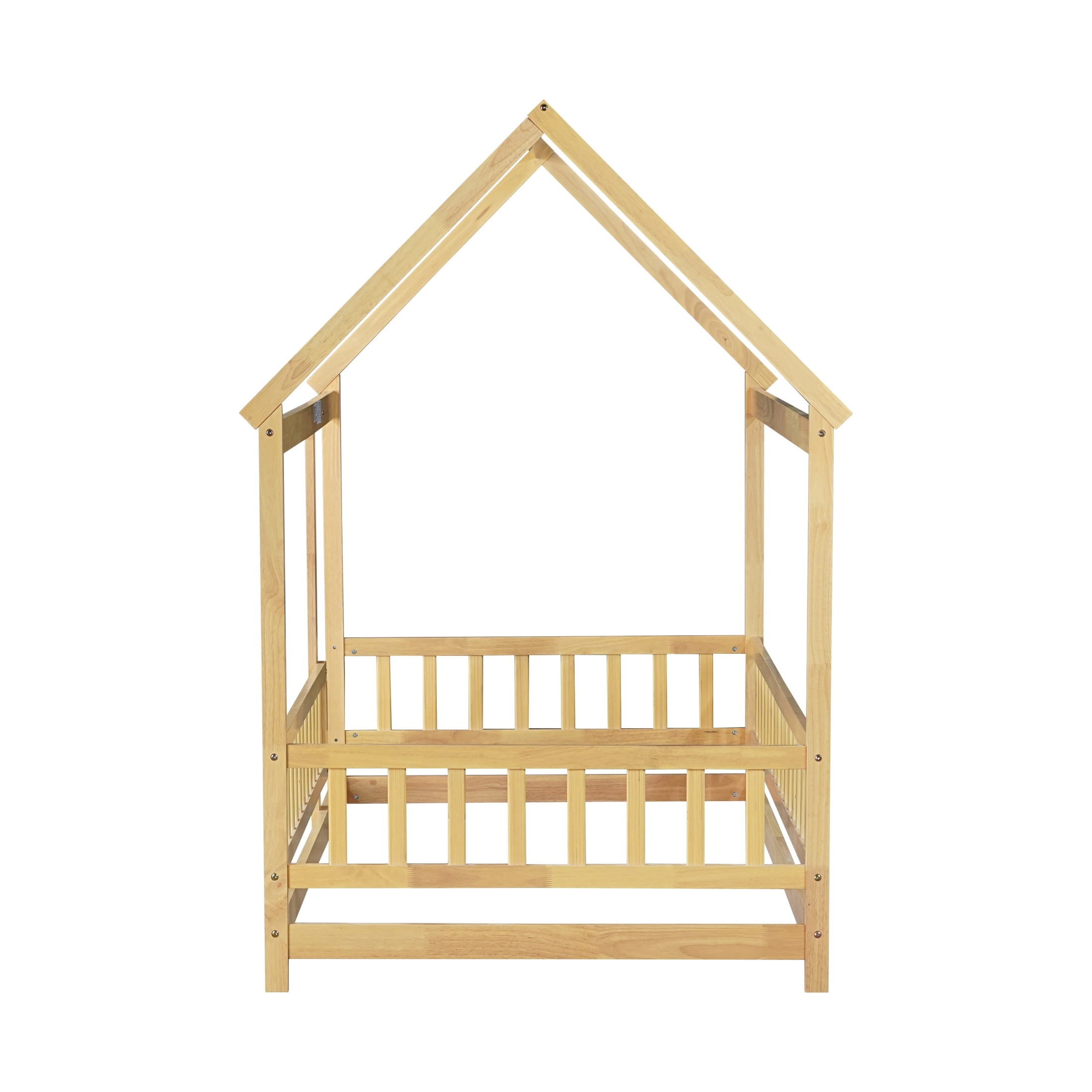 Noble House Travis Twin House Floor Bed with Roof Frame and Safety Fence, Sturdy Wood Montessori Bed, Natural