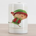 thumbnail image 2 of Elf Ceramic Toothbrush Holder, Little Boy Holding a Present Jumping up Holiday, Decorative Versatile Countertop for Bathroom, 4.5" X 2.7", Fern Green Vermilion, 2 of 4